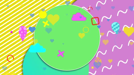 animation of yellow and blue hearts, pink clouds and abstract shapes over colorful patterns