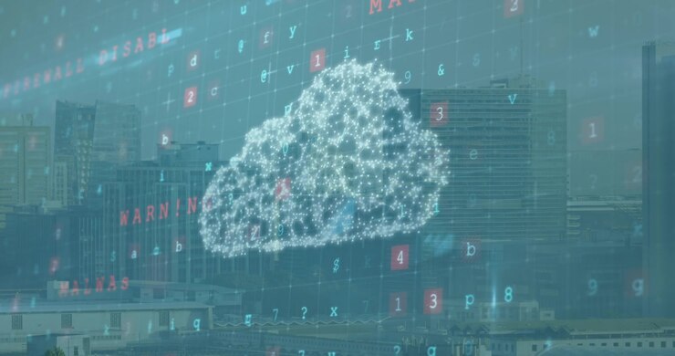 Animation of digital cloud and numbers over cityscape