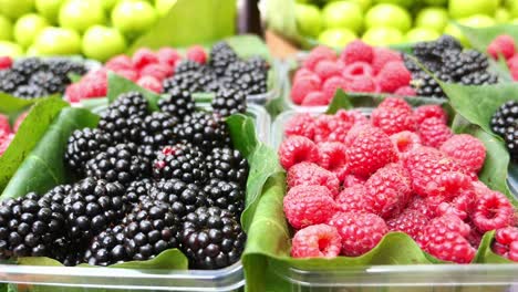 fresh raspberries and blackberries at the market