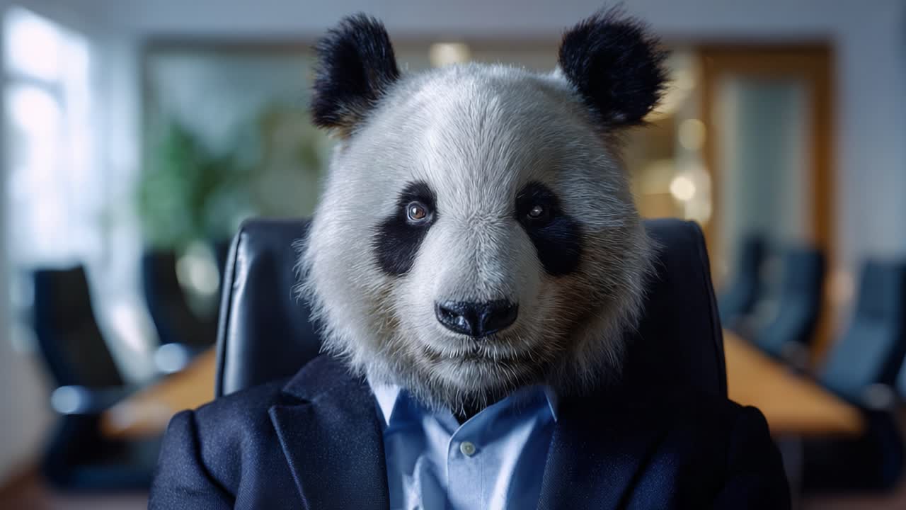 Una fusione surreale e accattivante della testa di un panda con un abito da lavoro formale, creando un'intrigante rappresentazione visiva dell'insolito in un contesto aziendale.
