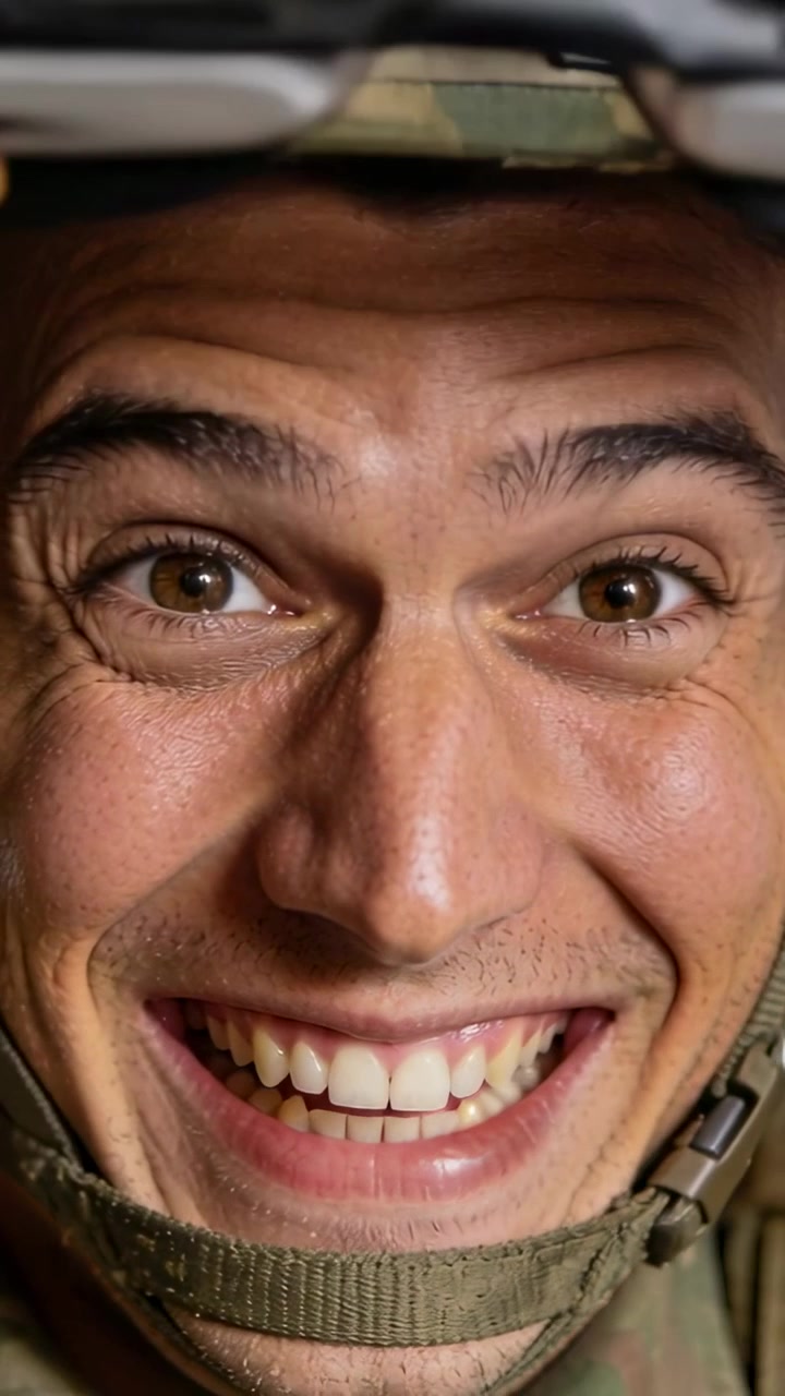 Vertical video: Lifting camo-helmeted man after glare, shifting goggles up indoors, revealing grin