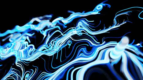 abstracto fondo en bucle 3d con líneas que forman un patrón giratorio como ruido de rizos con rayas de luz. el flujo de partículas forma líneas rizadas como senderos de brillo azul. hermosos remolinos de líneas como bg abstracto