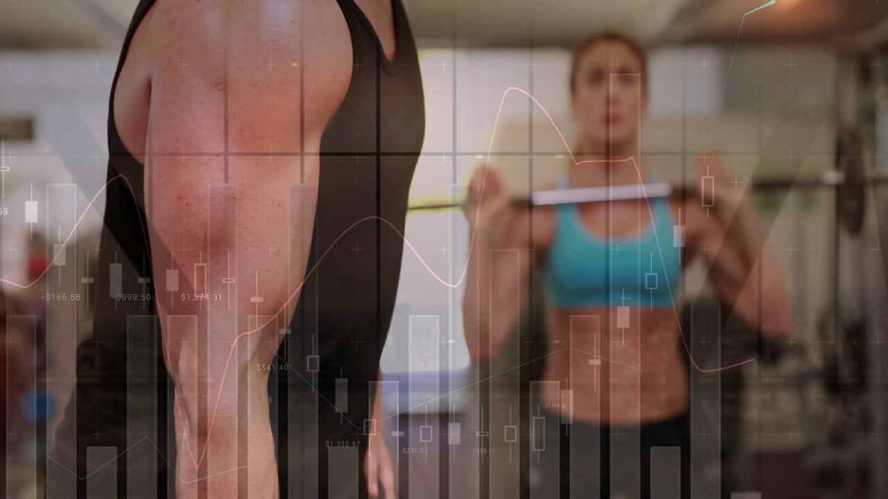 Lifting weights in gym, financial data processing animation over muscular arm
