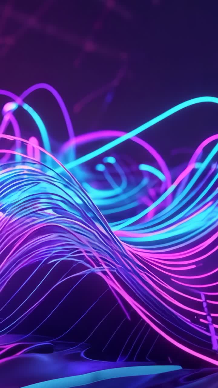 Vertical video: Starting neon waves rising in purple space, showing neon ribbons and digital nodes
