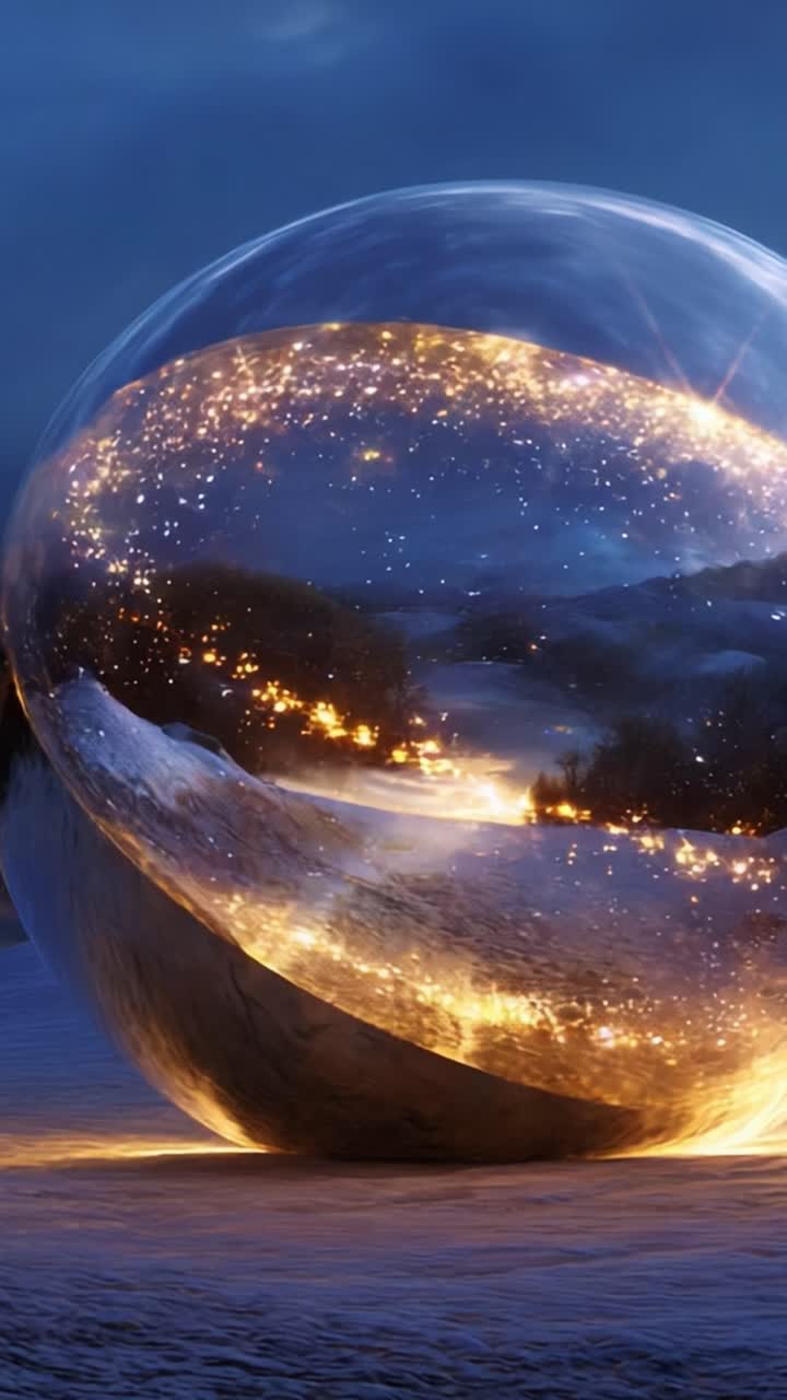 A Glassy Orb Reflecting a Starry Landscape Beneath a Dreamy Twilight Sky, Illuminating a Snow-Covered Ground with a Magical Glow, Creating an Enchanting Scene of Nature’s Beauty and Wonder