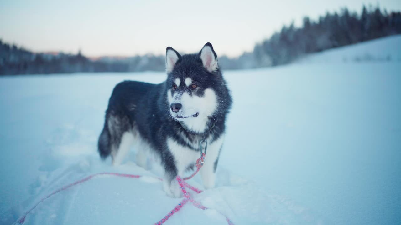 Adorable Alaskan Malamute Dog Breed In Deep Snow Nature Landscape