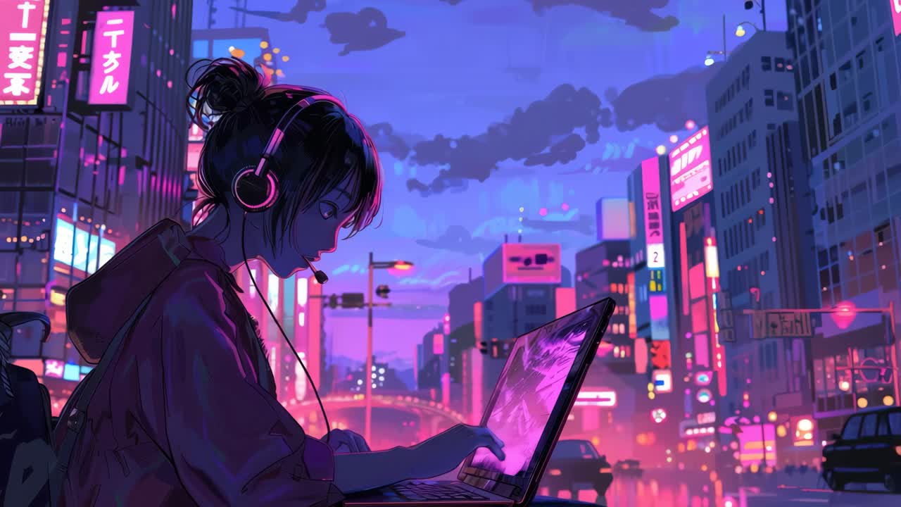 Paesaggio urbano animato di notte con luci al neon. Una persona con le cuffie usa un laptop, visto da lontano