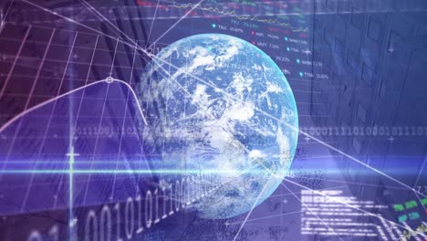 Animation-of-statistics,-binary-coding-and-financial-data-processing-over-globe