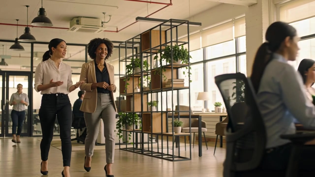 Walking from back of office two women in beige blazer discussing strategy passing desks and shelf