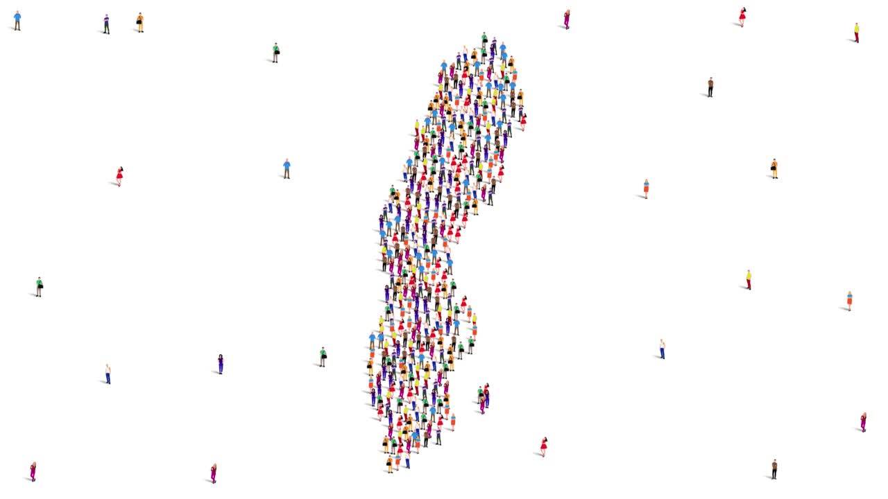 un gran grupo de personas se forma para crear un mapa de suecia. animación de video en 4k.