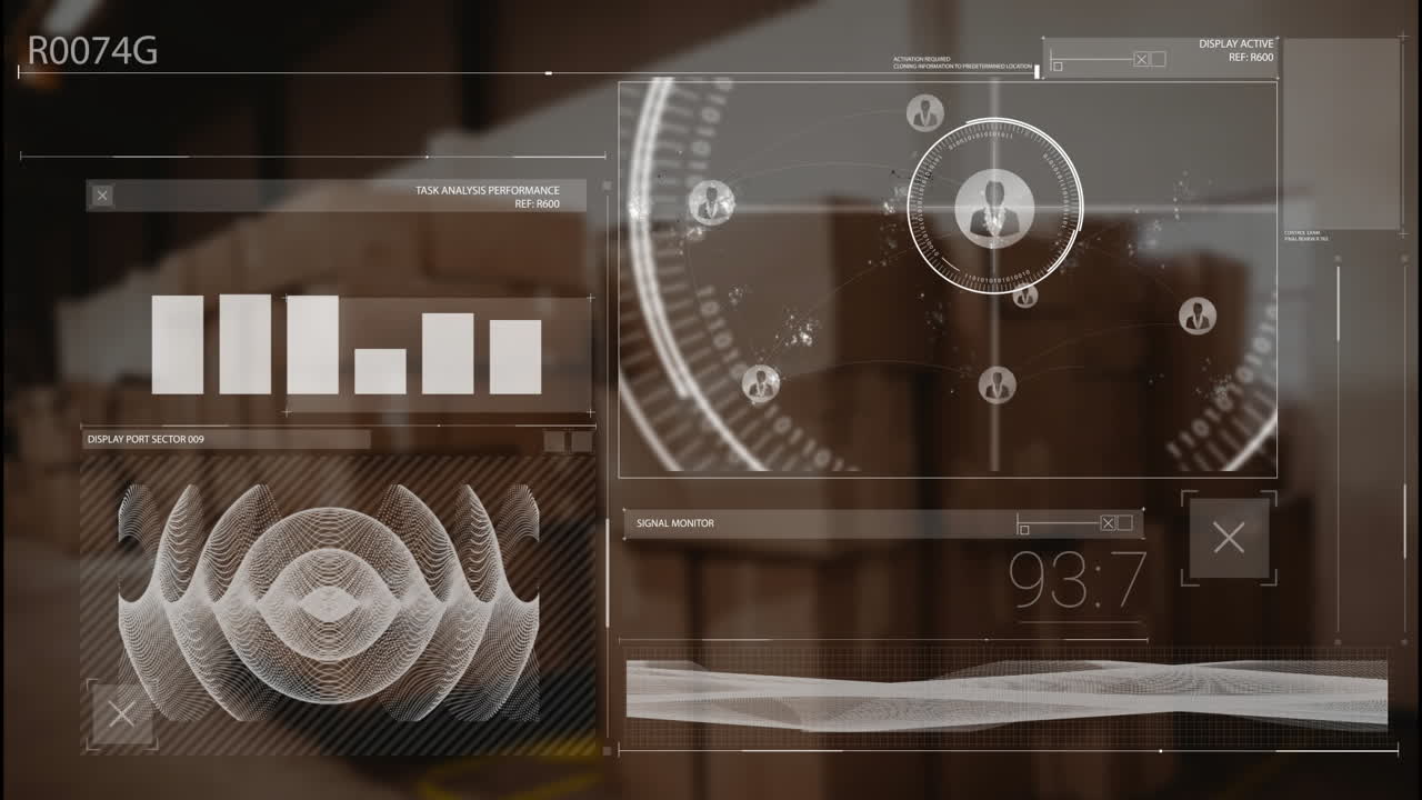 animación de gráficos, ondas de sonido, iconos de perfil y números cambiantes, cajas de cartón en el almacén