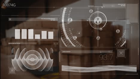 Animation-Von-Diagrammen,-Schallwellen,-Profilsymbolen-Und-Wechselnden-Zahlen,-Kartons-Im-Lager