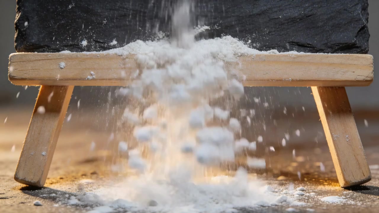 Von oben beginnender Strom: Weißes Pulver trifft auf Holzbalken mit Platte, bildet kegelförmigen Haufen auf dem Tisch.