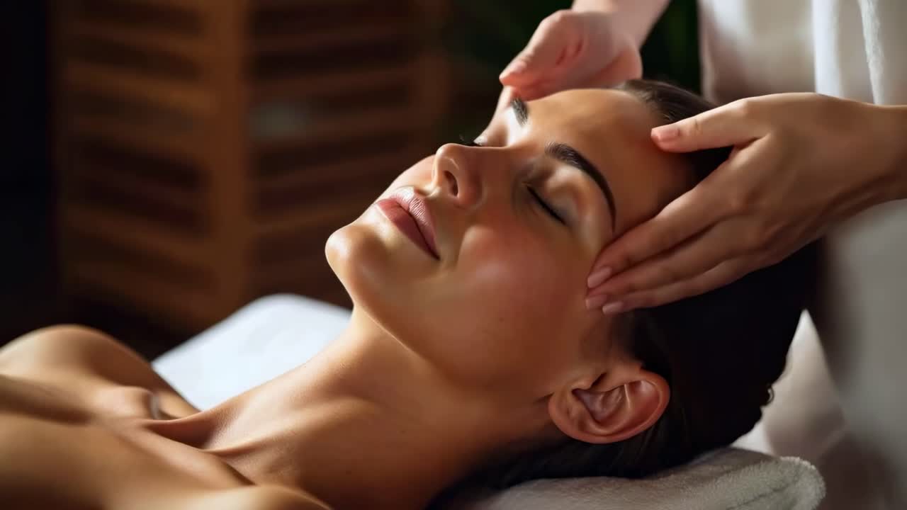 Video af en kvinde, der får en afslappende ansigtsmassage i nærbillede, filmet fra en høj engel