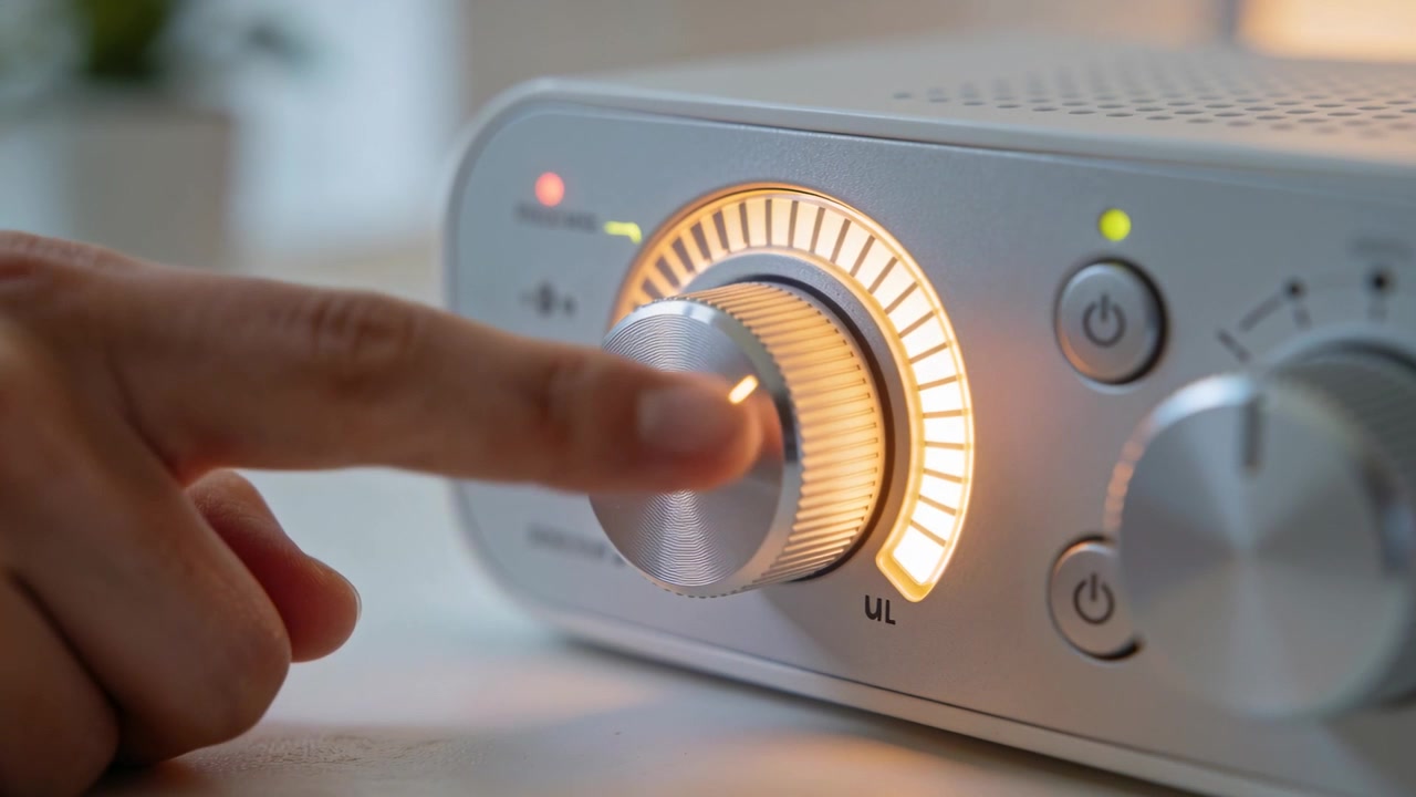 Toccando il centro illuminato, il dito indice ruota la manopola d'argento di un dispositivo audio da tavolo, regolando il volume.