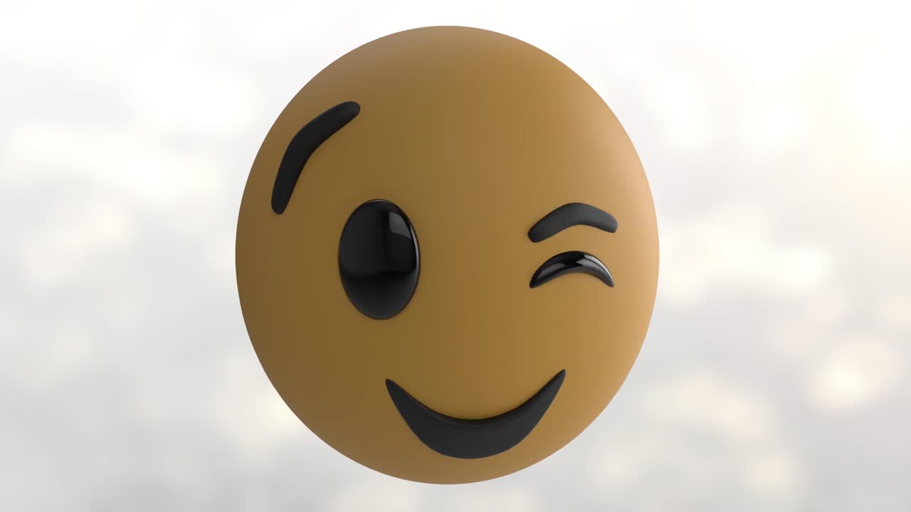 Animace ikony emoji mrkajícího obličeje na šedém pozadí se světelnými skvrnami.