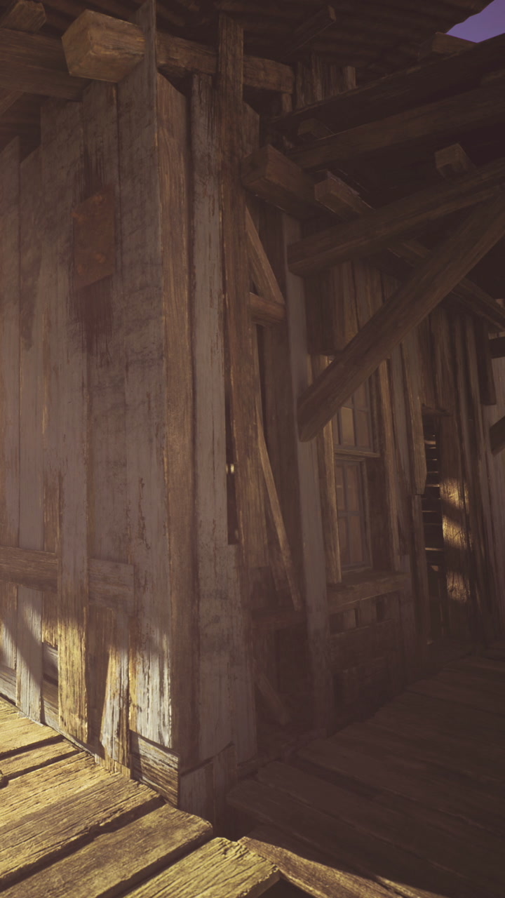Weathered wood captures sunlight in an old rustic building at dusk