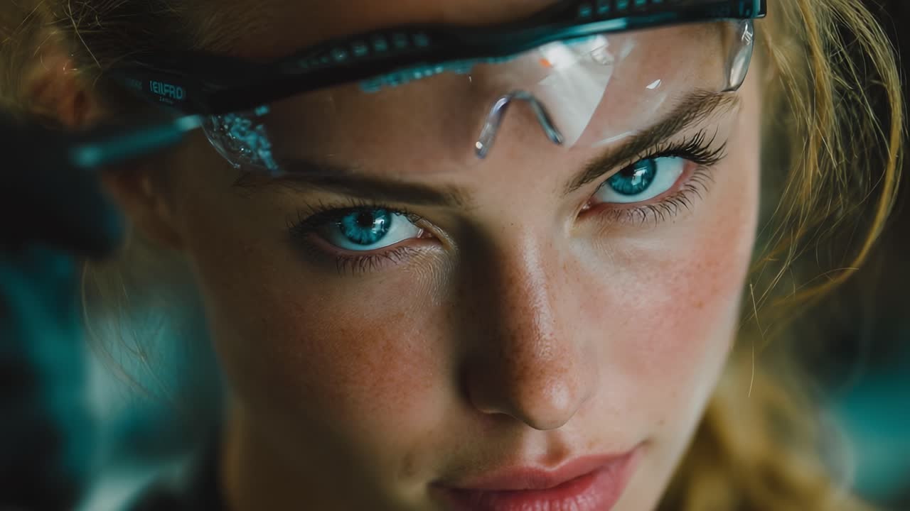 A Captivating Portrait of a Young Woman with Striking Blue Eyes and Protective Eyewear, Capturing an Intense Moment of Focus and Determination in an Engaging Setting