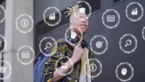 animación de iconos de negocios sobre afroamericano hombre albino en la ciudad