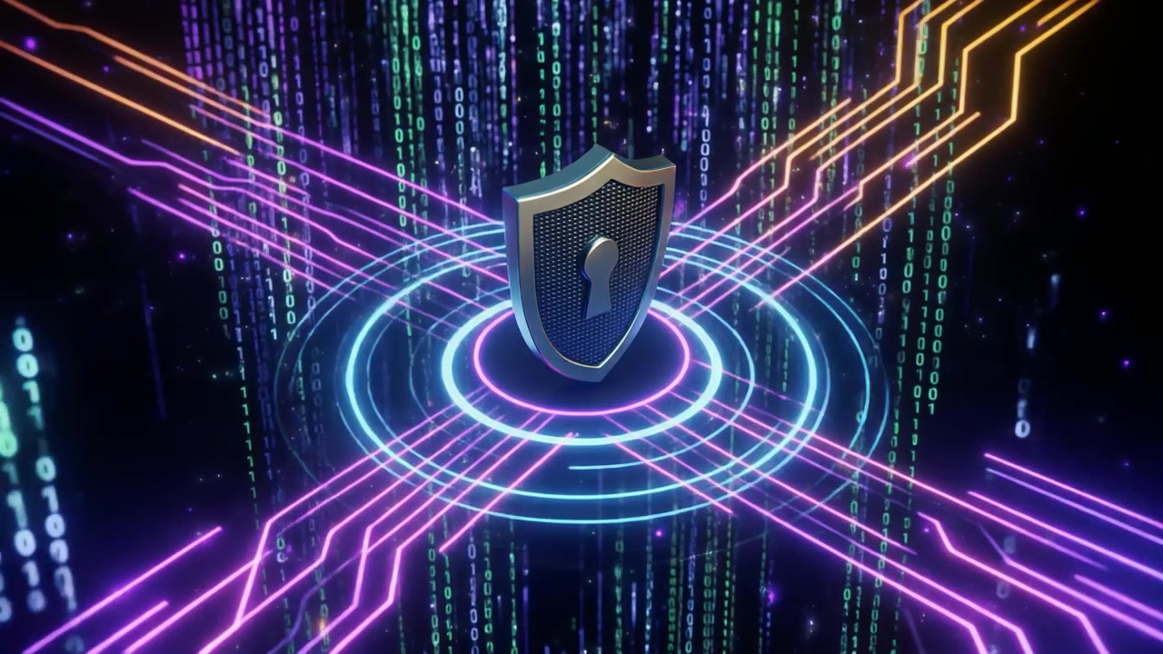 Digital Security Shield with Glowing Circuitry and Binary Code