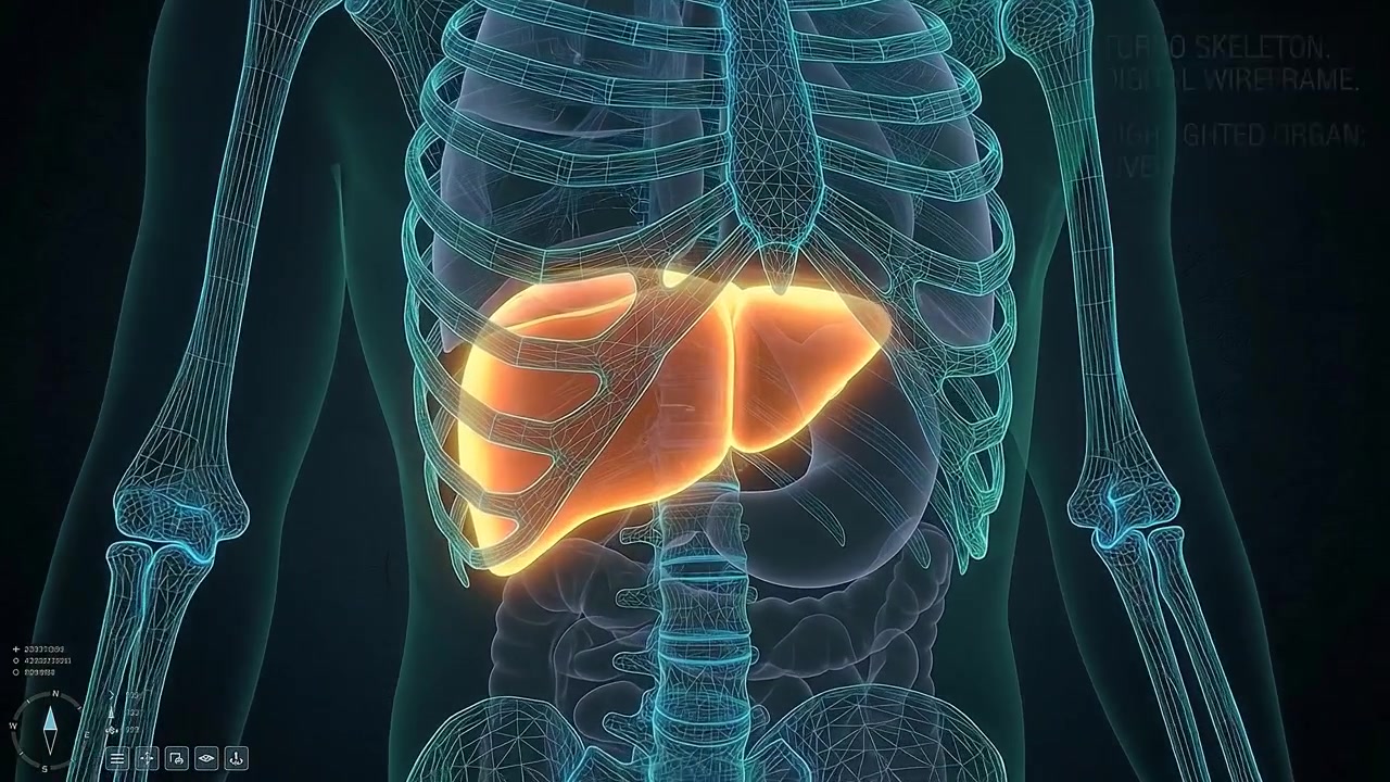 3D Digital Wireframe of Human Torso Highlighting the Liver