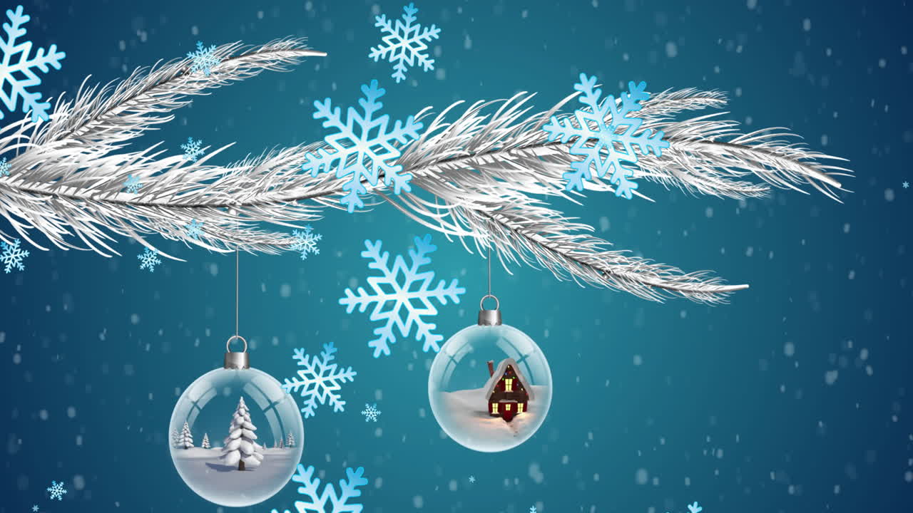 나무 가지 에 매달려 있는 크리스마스 보블 에 떨어지는 눈송이 의 애니메이션