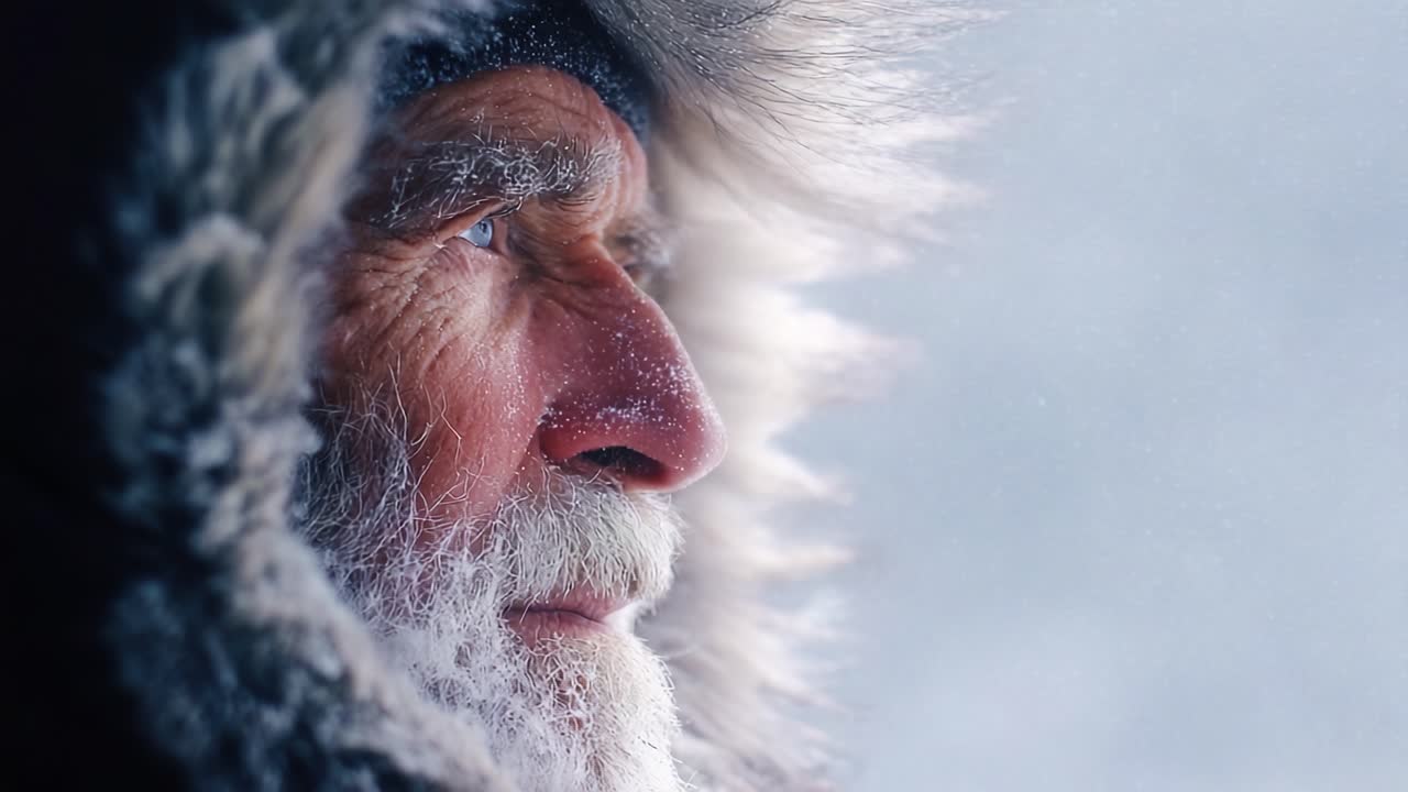 A Wise Elder's Gaze: Capturing the Essence of Resilience and Strength in a Harsh Winter Landscape, as Snow and Ice Frame the Face of Experience and Wisdom