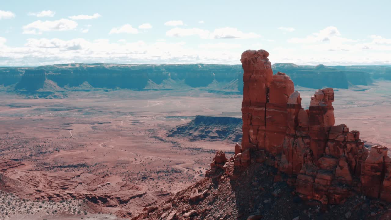 Drone aerial fly by of North Six Shooter Peak in Indian Creek region of Bears Ears National Monument, Utah