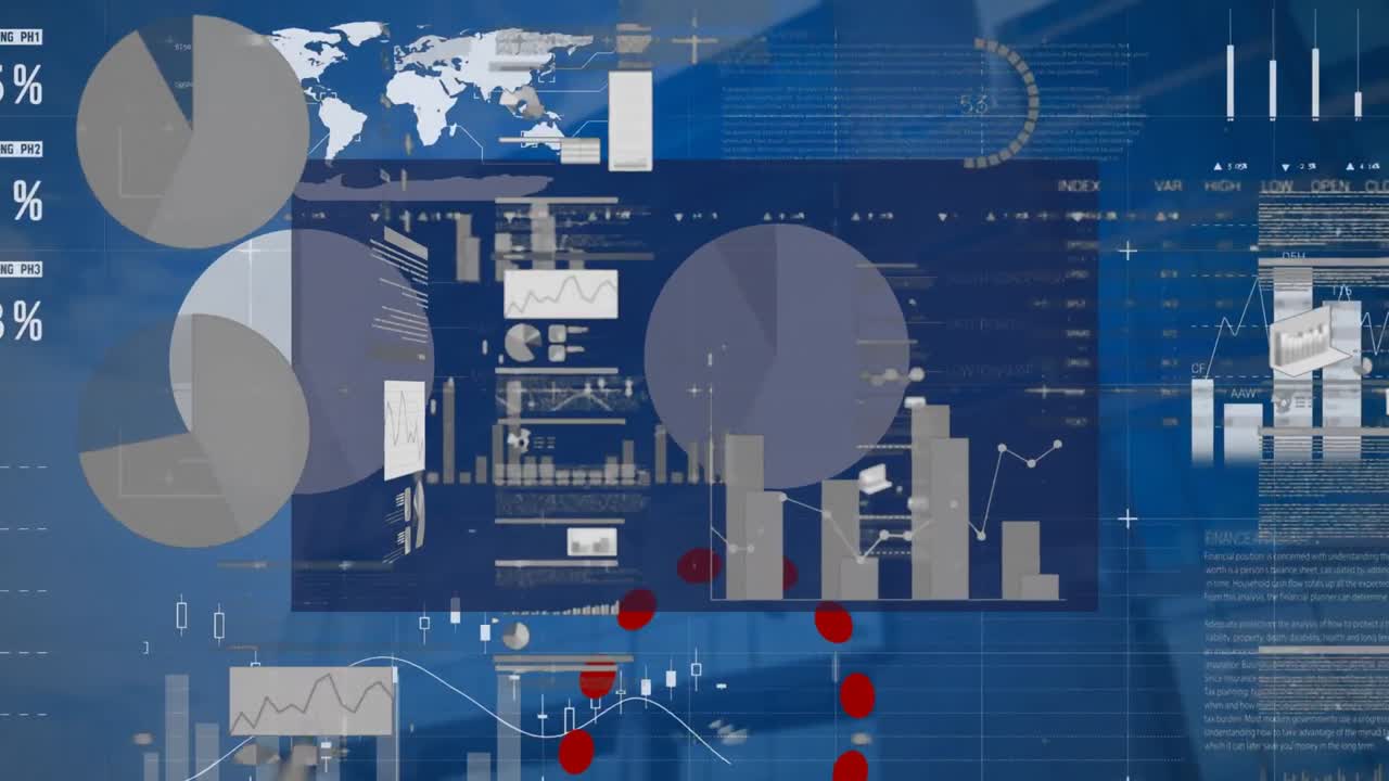 Animation of diverse data and graphs over blue space