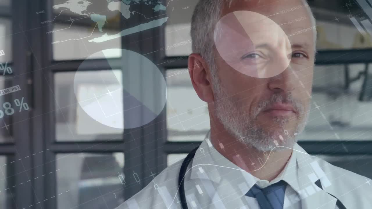 médico caucásico reflexivo con animación gráfica en primer plano