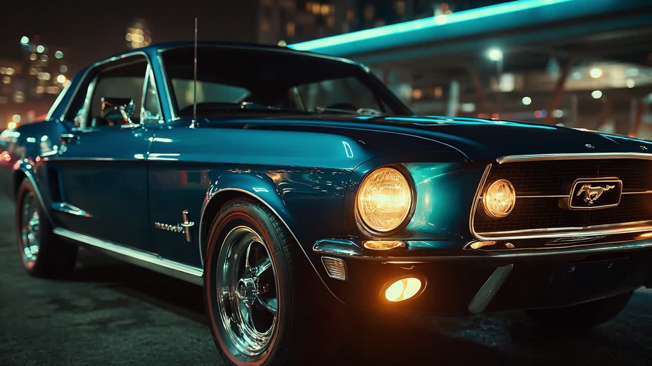 Vintage-Muscle-Car im Rampenlicht bei Nacht, das Retro-Design und Glanz vor urbaner Kulisse mit schimmernden Lichtern und klassischer Ästhetik zur Schau stellt