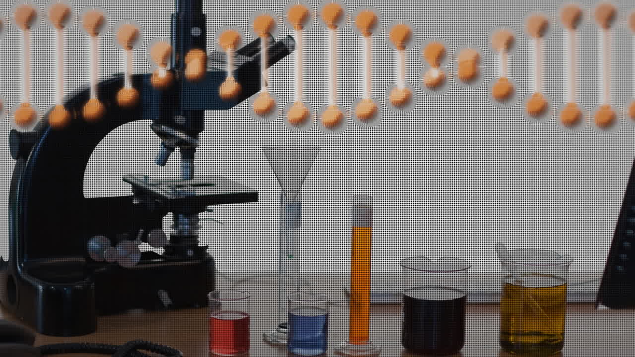 animación de cadenas de adn 3d que giran sobre el microscopio y los vasos de laboratorio