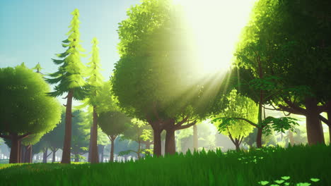 paisaje forestal verde de dibujos animados con árboles y flores