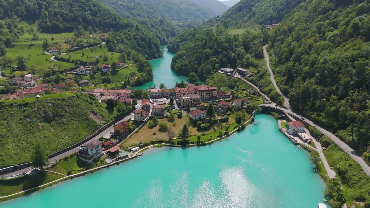 Aerial shots Slovenia Most na Soči bridge Soča River