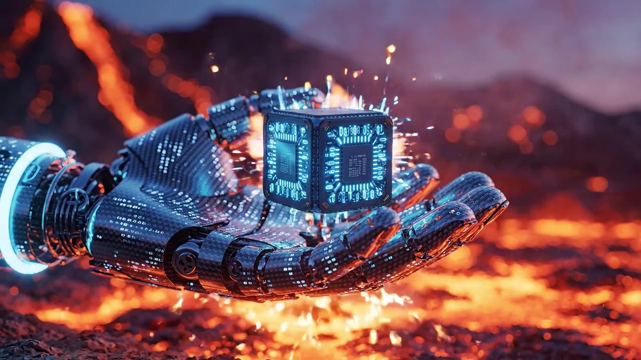 A robotic hand holds a glowing cube amid a volcanic landscape, showcasing a vibrant fusion of technology and nature's raw power in a dramatic, fiery environment.