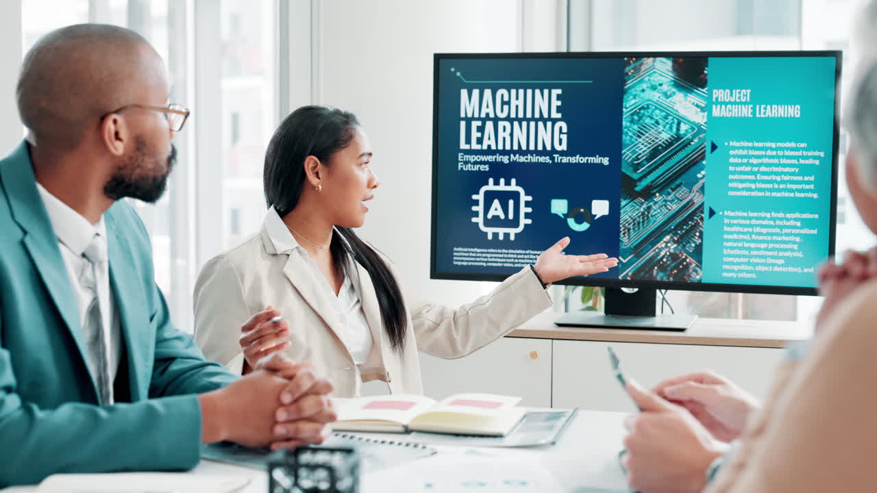 Business meeting discussing machine learning and artificial intelligence
