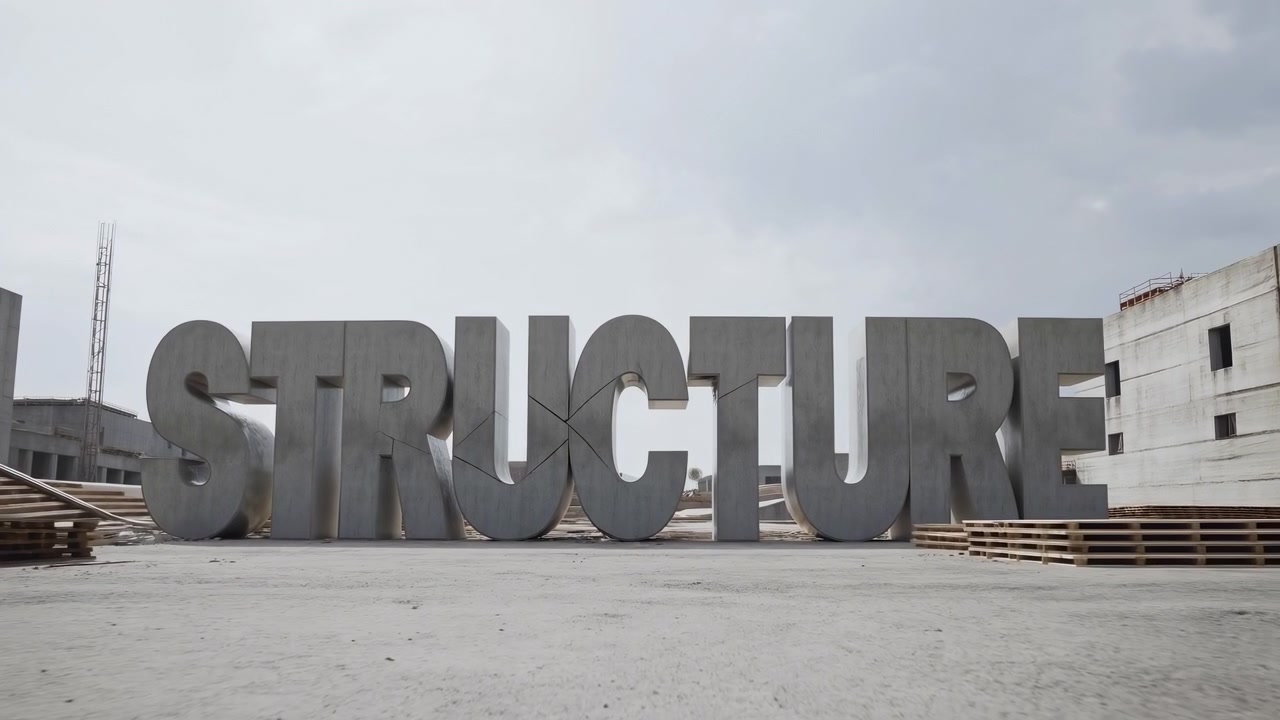 Massive gray letters spelling structure stand in a wide concrete space, framed by unfinished industrial buildings and soft overcast daylight in an empty urban