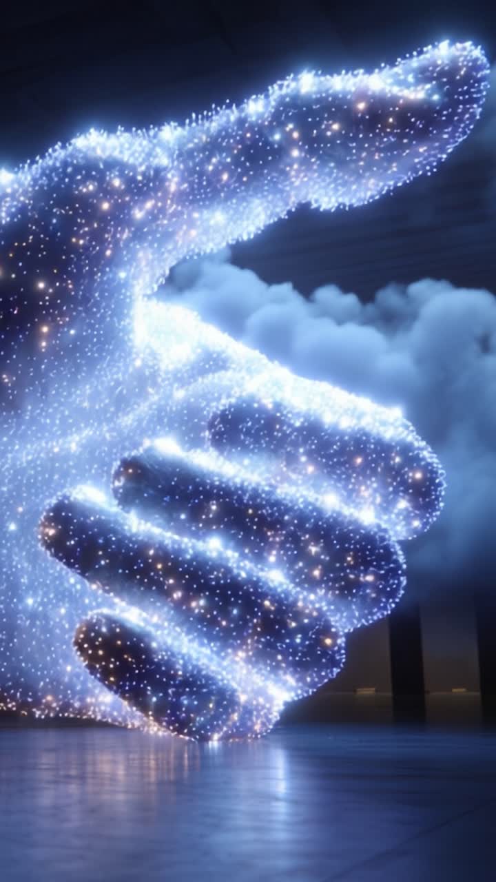 A Spectacular Illuminated Hand Formed of Twinkling Stars, Signifying Connection and Creativity in a Dreamlike Environment of Shimmering Light and Soft Clouds