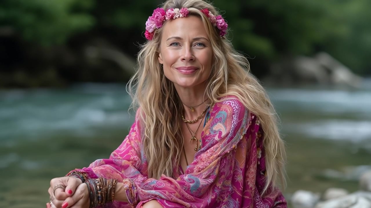 Donna bionda sorridente con abito boho seduta in riva al fiume con una corona di fiori