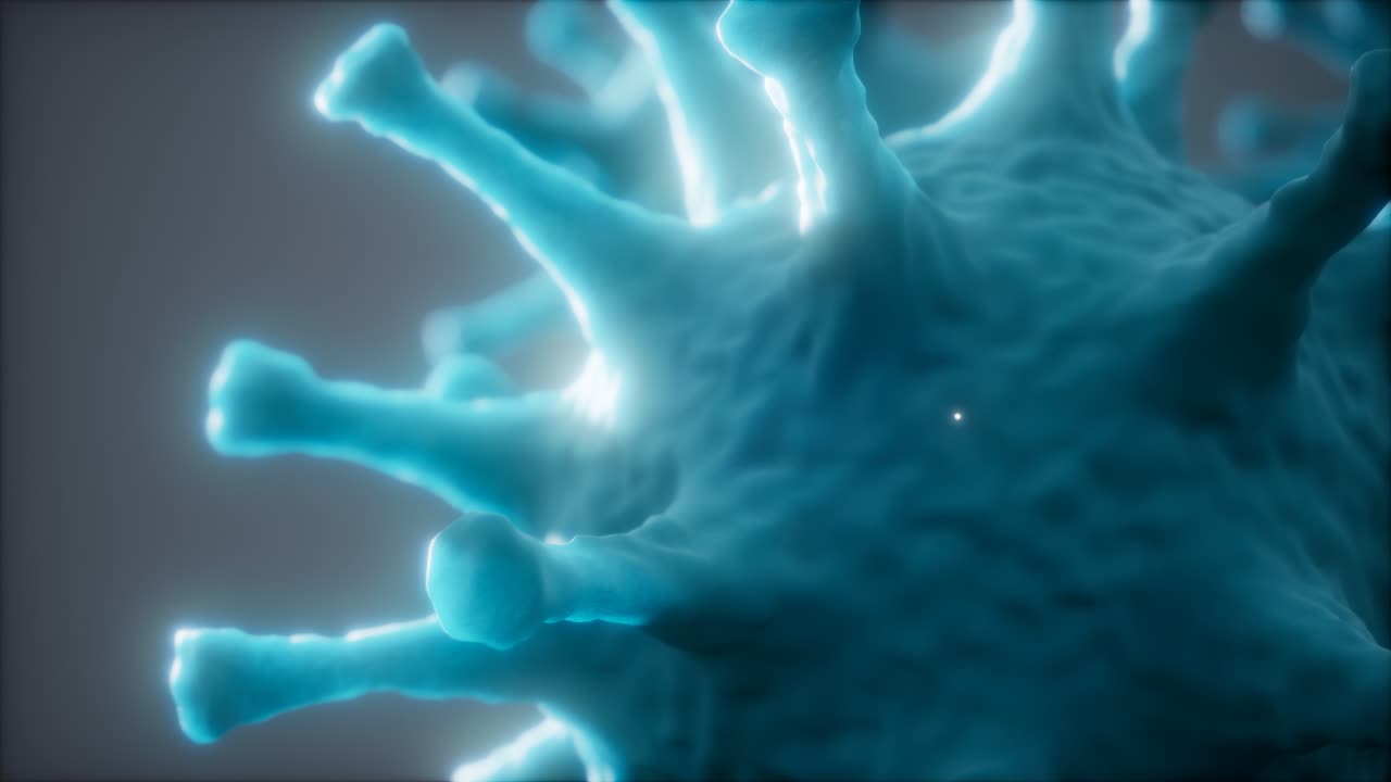 Batteri, virus o germi, cellule di microrganismi al microscopio con profondità