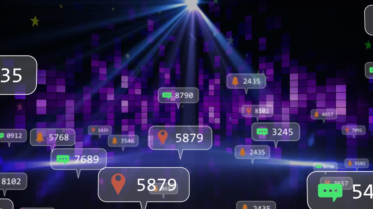 점점 더 많은 소셜 미디어 알림이 보라색 불빛과  스포트라이트를 박이는 애니메이션