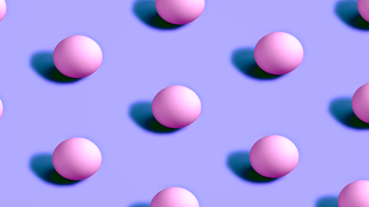 Colorful Easter Eggs rotating in rows in seamless loop on violet background.
