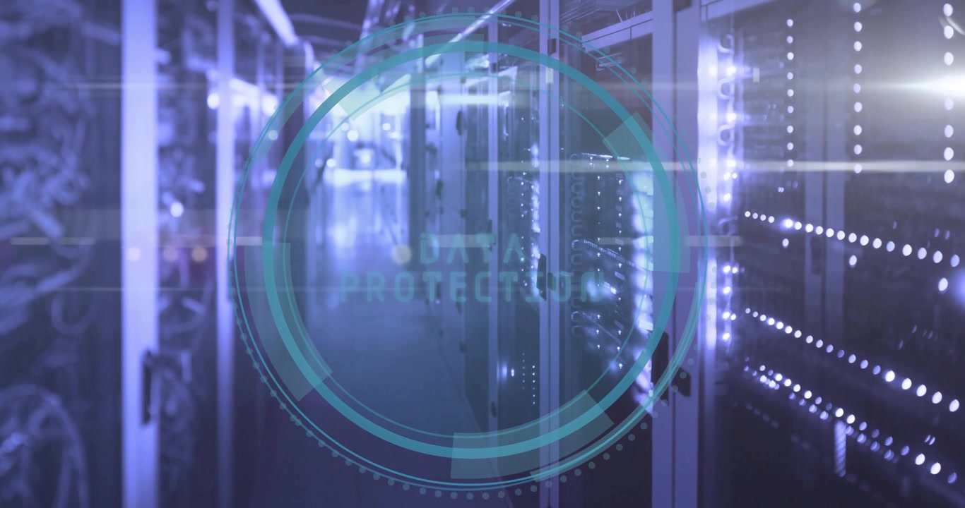 DATA PROTECTION text fading then building rotating HUD rings showcasing server rack security