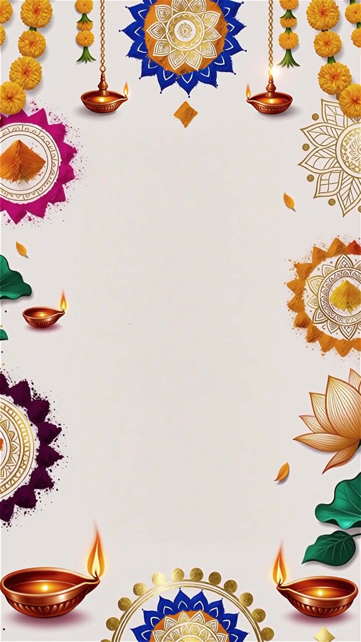 Sfondo Diwali con Diyas luminosi, Rangoli e fiori di loto