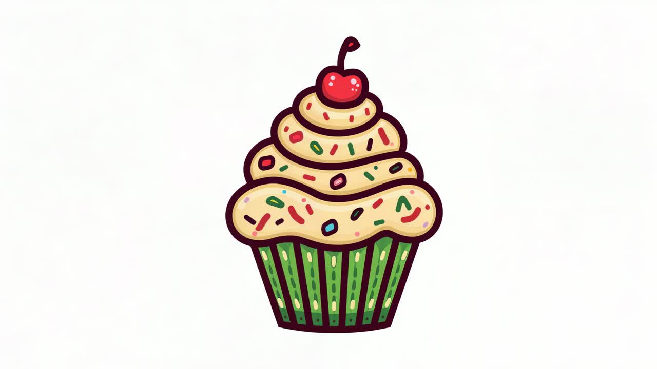 Riproduci la telecamera iniziale che zooma su un cupcake su sfondo bianco, rivelando pirottino, glassa, ciliegia, zuccherini