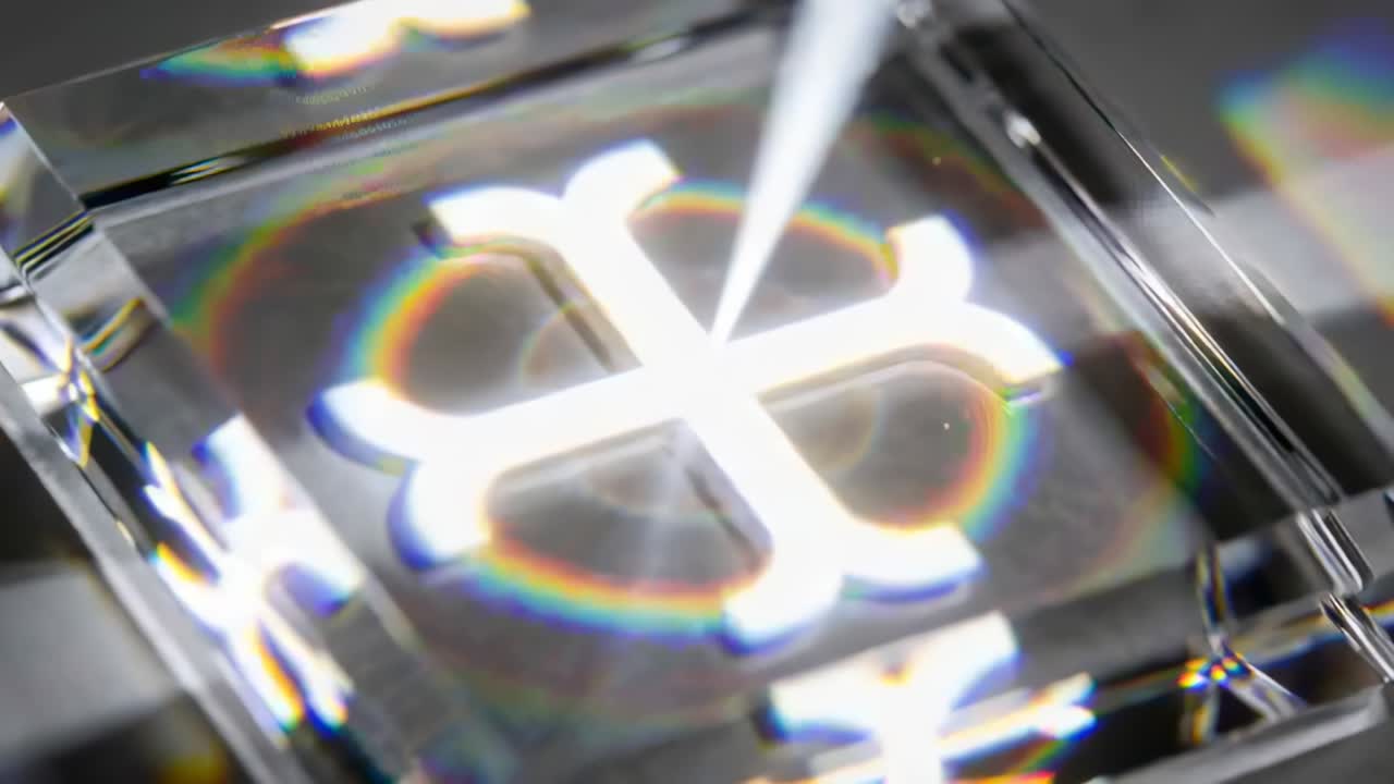 Beaming nozzle entering upper-right aligning engraved emblem in crystal at bench, forming rings