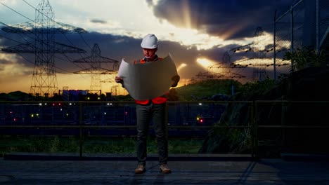 cuerpo lleno de ingeniero masculino asiático con casco de seguridad mirando el plano en sus manos y mirando a su alrededor mientras estaba de pie cerca de la torre de alto voltaje