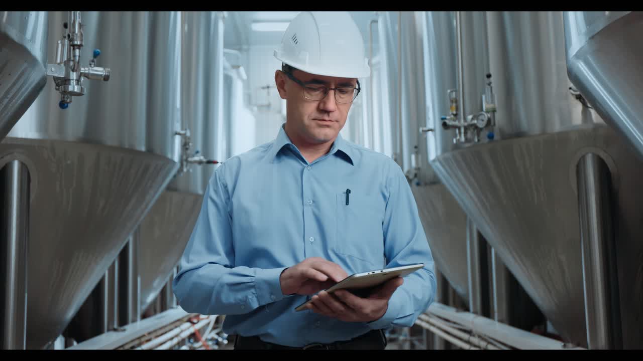 Engineer inspecting brewery equipment