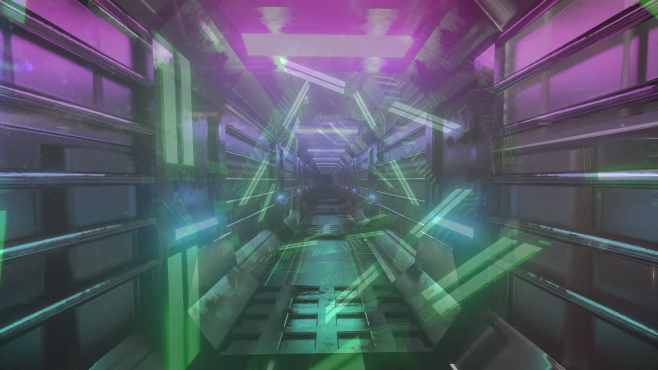 animación de triángulos de neón en movimiento sobre el túnel digital