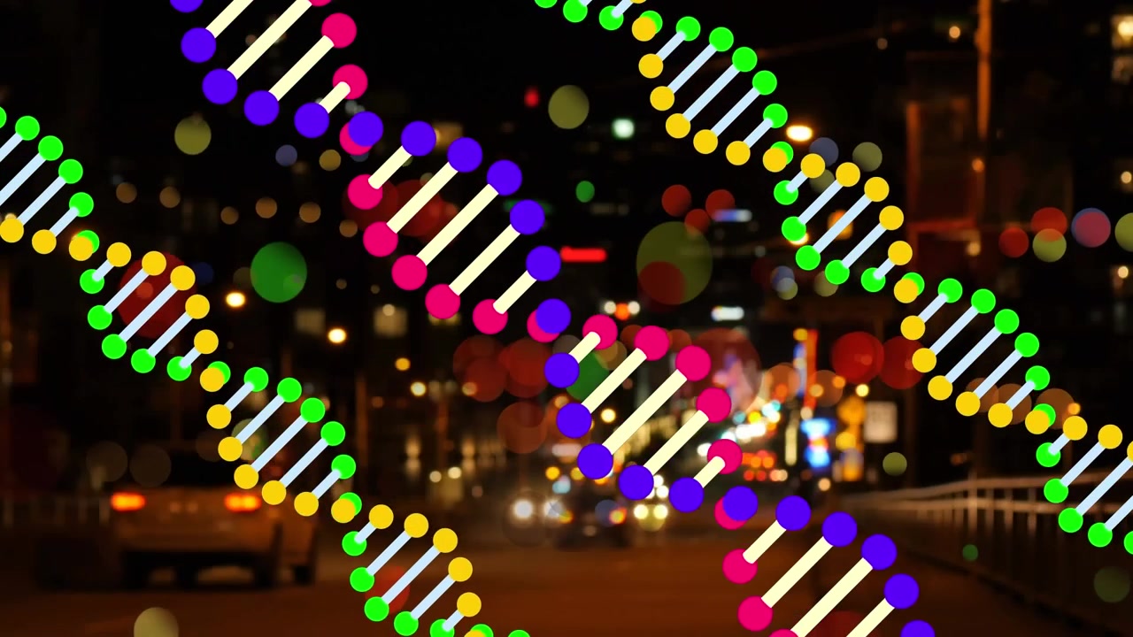 Animated DNA Strands Overlaid on Blurred City Night Traffic